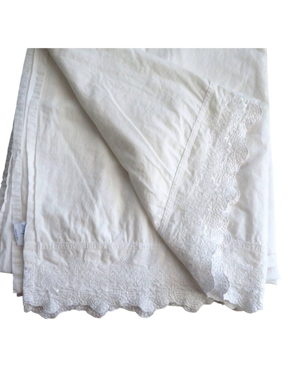 Simply Shabby Chic White Cotton Queen Flat Sheet Embroidered Scalloped Hem